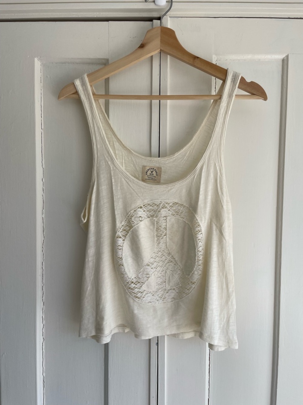 American Eagle Outfitters Shirt Cream Lace Peace Sign Tank Sheer Festival Boho M